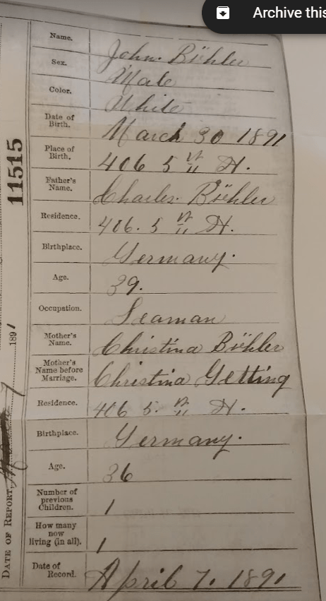 John Buhler birth certificate